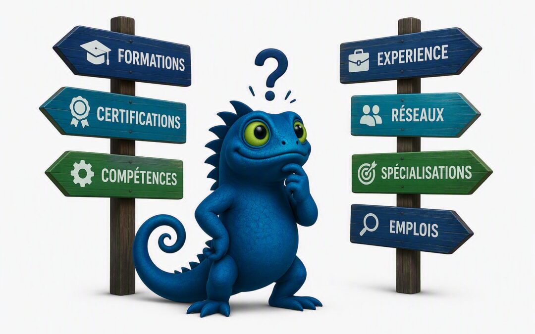 Illustration d'une reconversion en cybersécurité : formations, certifications, compétences, expérience, réseaux, spécialisations et emplois.