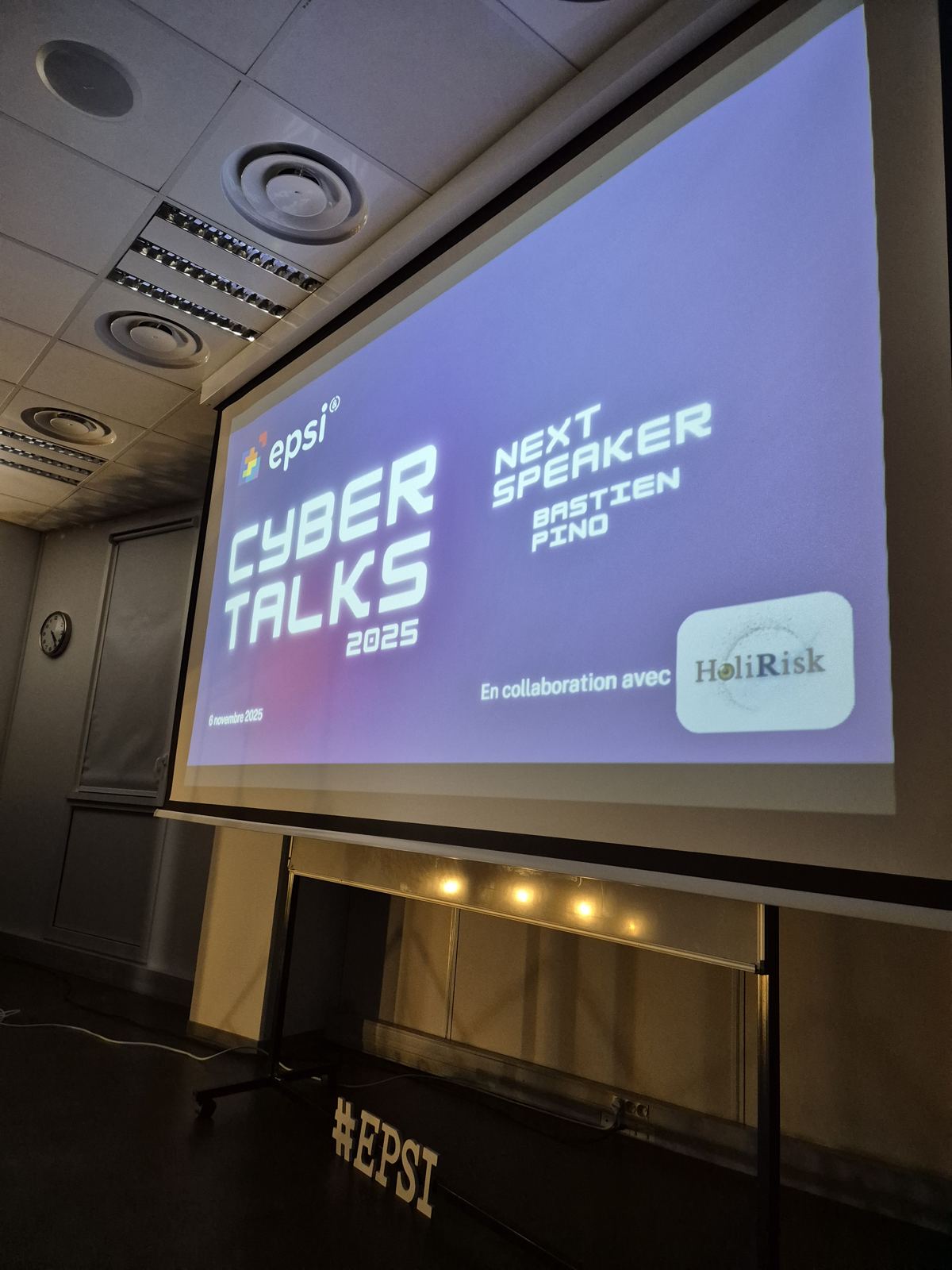 Écran annonçant l'intervention de Bastien Pino aux Cyber Talks EPSI Montpellier