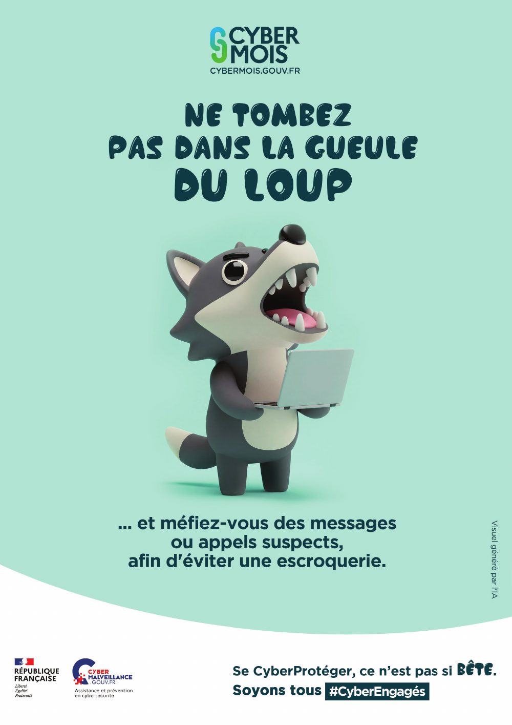 Affiche Cybermois 2026 montrant un loup devant un ordinateur portable, avec le message « Ne tombez pas dans la gueule du loup… et méfiez-vous des messages ou appels suspects, afin d'éviter une escroquerie »