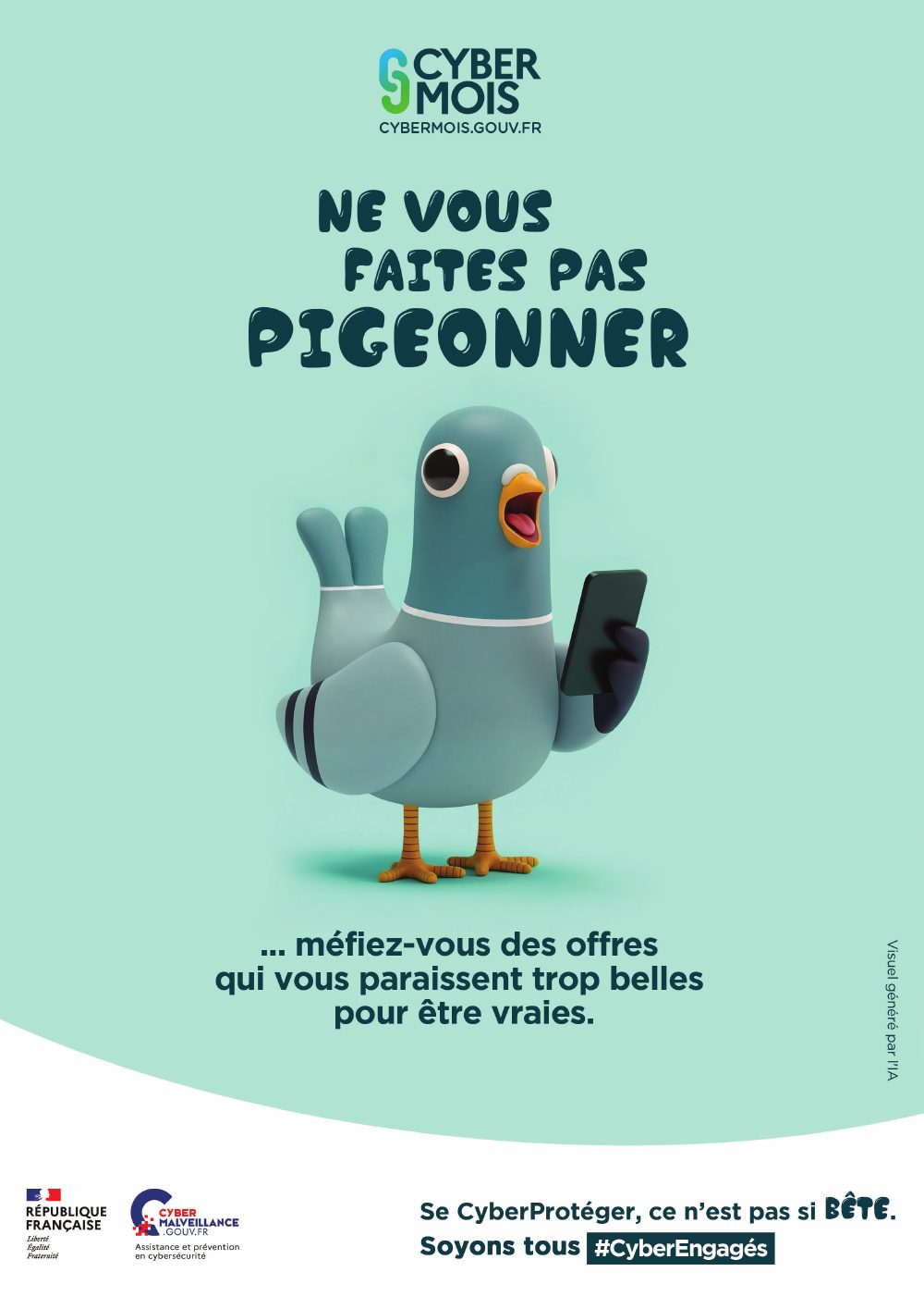 Affiche Cybermois 2026 montrant un pigeon tenant un smartphone, avec le message « Ne vous faites pas pigeonner… méfiez-vous des offres qui vous paraissent trop belles pour être vraies »